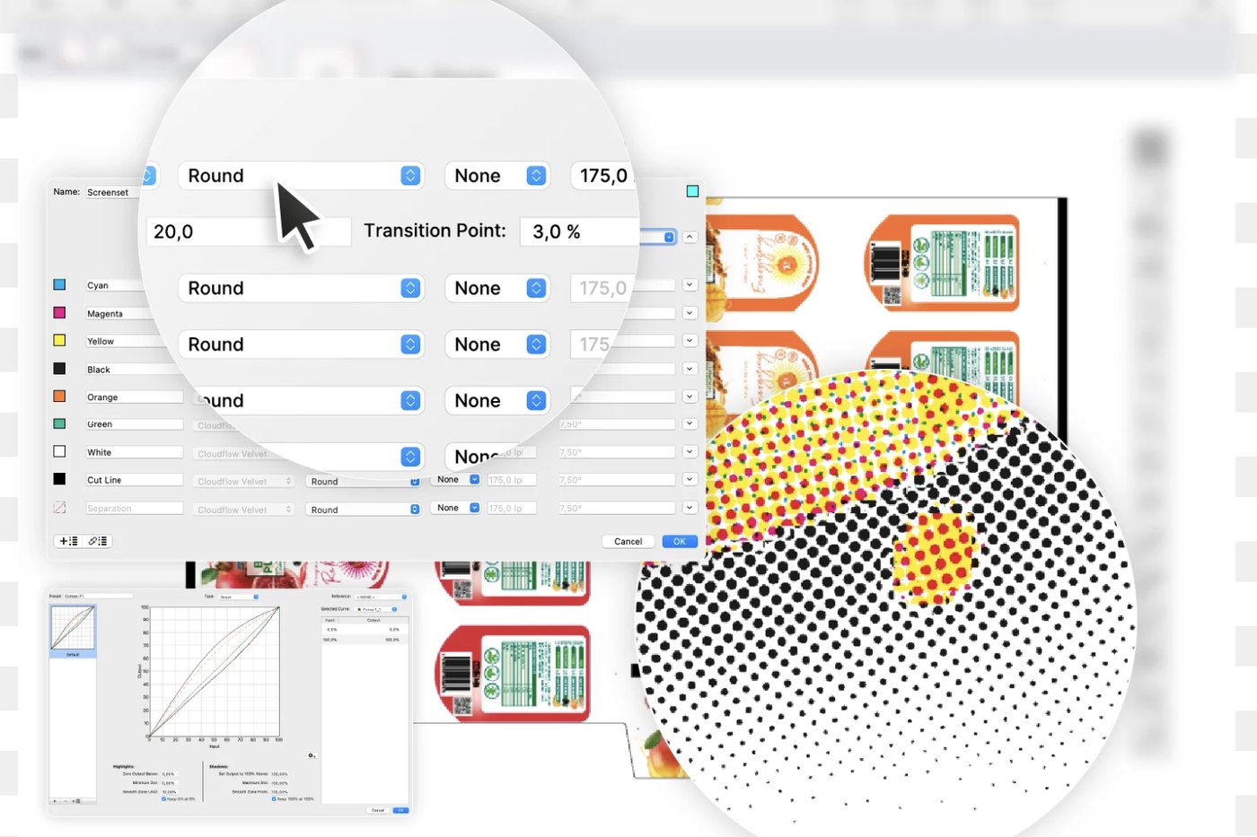 Halftone dots magnified on screen during prepress